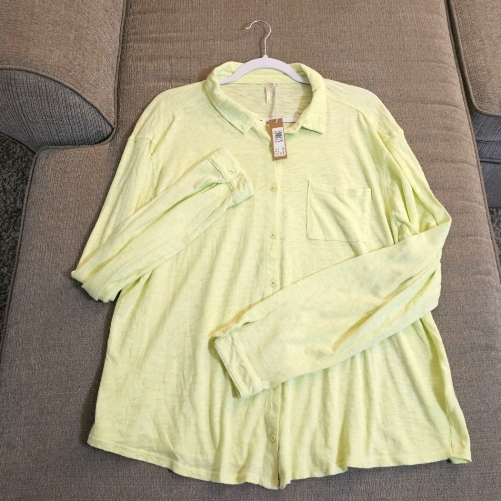 Hello Nite Shadow Lime Green Casual Button Boho Relaxed Top Size XL
